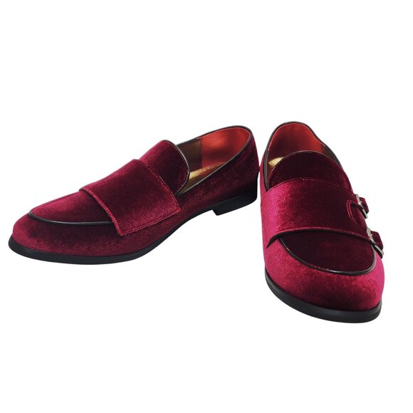 Cosidram Mens Red Velvet Double Monk Strap Loafers dress Shoes Size 8 - Picture 4 of 12